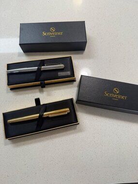 Scriveiner Luxury Fountain Pen Set - Gold & Silver Finish - Extra Fine Nib - Ele